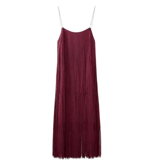 Commense Women's Small Burgundy Florence Fringed Open Back Short Dress - Picture 3 of 7